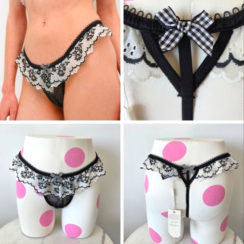 For Love And Lemons Rubee Thong Panty NWT Lace embroidered eyelet ruffles Plaid